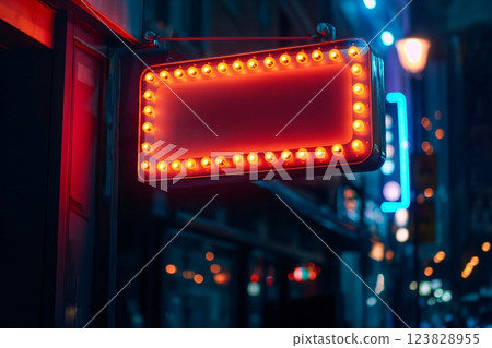 Vibrant mockup of a neon lit street sign, glowing with red bulbs against the nocturnal urban backdrop, space for custom text 123828955