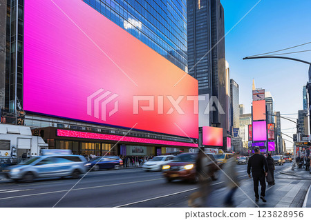 Large, blank billboard mockup dominates this urban scene, ready for advertising content, with city traffic and buildings in the background Large, blank billboard mockup dominates this urban scene, ready for advertising content, with city traffic and buildings in the background 123828956