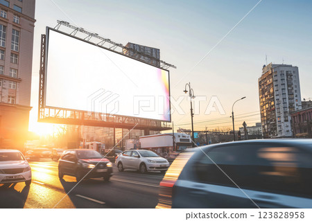 Large blank billboard mockup on a bustling city street during sunset with vibrant sky and busy traffic 123828958