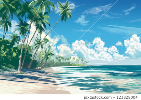Digital illustration of a serene tropical beach paradise with palm trees, turquoise sea, white sands, and blue skies, creating a tranquil and idyllic travel destination for a summer vacation 123829004