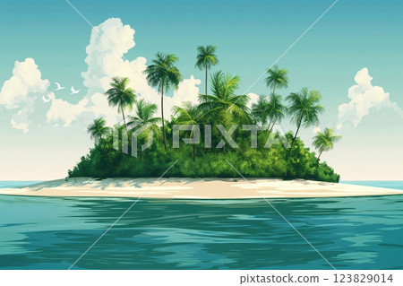 Tranquil and serene tropical island oasis with lush greenery, palm trees, clear water, and a sunny sky, creating a peaceful and idyllic vacation destination for relaxation and tranquility 123829014