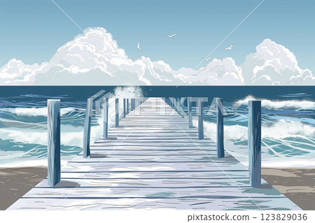 Tranquil ocean pier illustration with wooden jetty. Serene waves. And seagulls in a peaceful seascape setting under a blue sky Tranquil ocean pier illustration with wooden jetty. Serene waves. And seagulls in a peaceful seascape setting under a blue sky 123829036