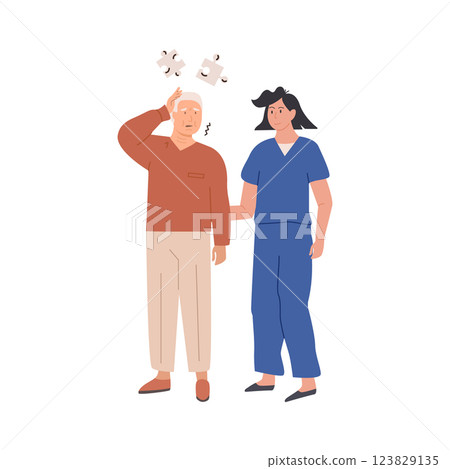Elderly man with memory loss and cognitive impairment, assisted by a caring female nurse. Alzheimer disease and dementia symptoms. Healthcare and senior support. Vector isolated illustration on white. 123829135