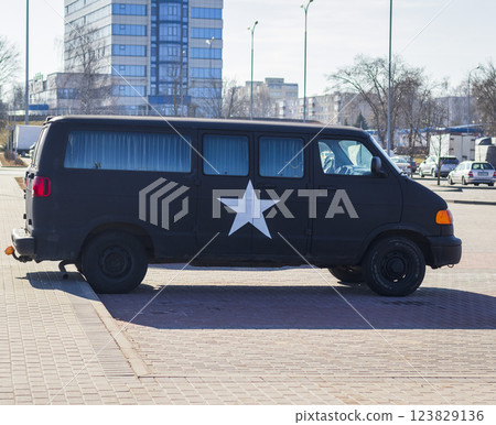 Military range vehicle with white star painted on the side of it Military range vehicle with white star painted on the side of it 123829136