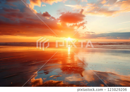 Captivating beach sunset with the sun dipping below the horizon, reflecting on the wet sandy shore against a vibrant sky 123829206