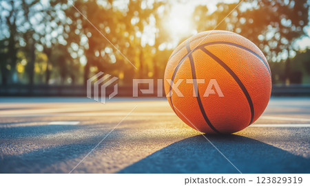 Basketball resting on a court during sunset at a recreational park 123829319