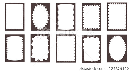 Groovy frame jagged scallop edge, frame text box or border. Curve funky y2k retro form, geometric shape, framework. Wiggle figure, rectangle. 123829320