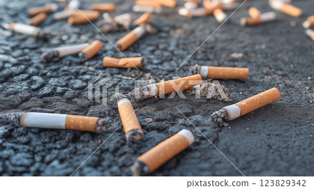 Discarded cigarette butts littering a street during the daytime showing urban pollution and careless habits 123829342