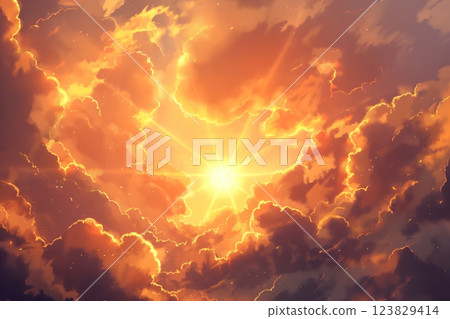 Vibrant illustration depicting the sun's rays piercing through soft, fluffy clouds during a mesmerizing sunrise or sunset 123829414