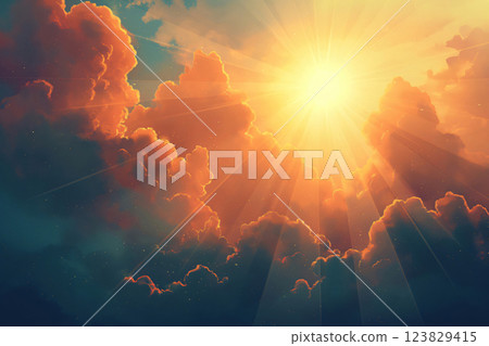 Inspiring illustration showcases a brilliant sun partially hidden behind fluffy, cottonlike clouds bathed in a warm, golden glow 123829415