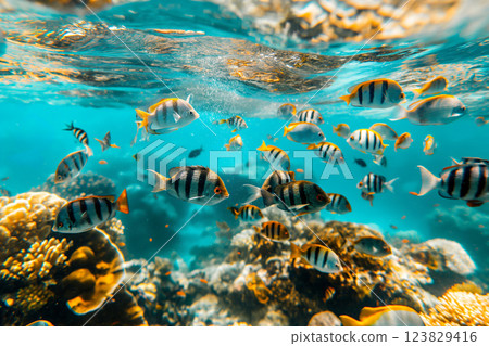 Underwater photo capturing a lively coral reef teeming with a diverse array of colorful tropical fish in a natural habitat 123829416
