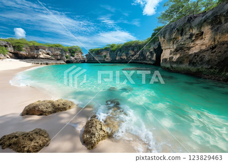 Secluded cove with turquoise waters, surrounded by rugged cliffs and pristine sand, capturing the essence of a tranquil paradise Secluded cove with turquoise waters, surrounded by rugged cliffs and pristine sand, capturing the essence of a tranquil paradise 123829463