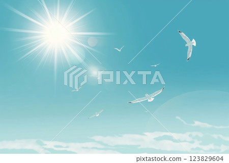 Illustration of a vibrant sun shining brightly in a clear sky with white birds gracefully soaring in tranquil flight 123829604