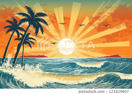 Vintage style illustration of a sunrise over a tropical beach with palm trees, crashing waves, and silhouetted birds in flight 123829607