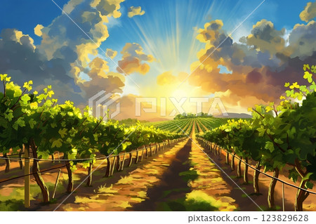 Golden hour sunkissed vineyard landscape illustration with grapevines. Rows. And sunlit countryside scenery at sunset for digital art painting depicting tranquil rural nature. Agriculture Golden hour sunkissed vineyard landscape illustration with grapevines. Rows. And sunlit countryside scenery at sunset for digital art painting depicting tranquil rural nature. Agriculture 123829628