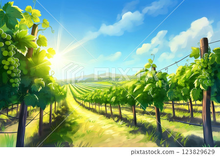 Illustration of a serene and peaceful sunkissed vineyard landscape with rows of vibrant grapevines. Set against a clear and sunny rural countryside backdrop Illustration of a serene and peaceful sunkissed vineyard landscape with rows of vibrant grapevines. Set against a clear and sunny rural countryside backdrop 123829629