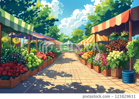 Illustration depicting a vibrant farmer's market bustling with colorful tents and fresh produce on a cheerful, sunny day 123829631