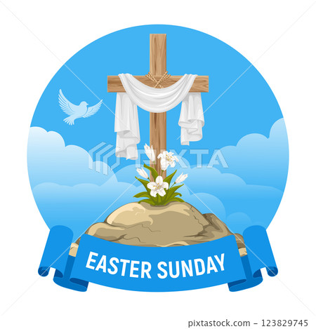 Cross with Shroud on Calvary, He Is Risen, Easter Sunday 123829745