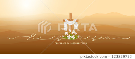 Cross with Shroud and Lilies, He Is Risen, Happy Easter 123829753