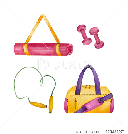 Set with fitness equipment. Jump rope, gymnastics mat, dumbbells and sport bag. Bright watercolor illustration isolated from the background. For create compositions on sports theme, merchandise Set with fitness equipment. Jump rope, gymnastics mat, dumbbells and sport bag. Bright watercolor illustration isolated from the background. For create compositions on sports theme, merchandise 123829971