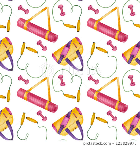 Seamless pattern with fitness equipment. Jump rope, yoga mat, dumbbells and sport bag. Bright watercolor illustration isolated from the background. For packaging sportswear, merchandise, box, textile Seamless pattern with fitness equipment. Jump rope, yoga mat, dumbbells and sport bag. Bright watercolor illustration isolated from the background. For packaging sportswear, merchandise, box, textile 123829973