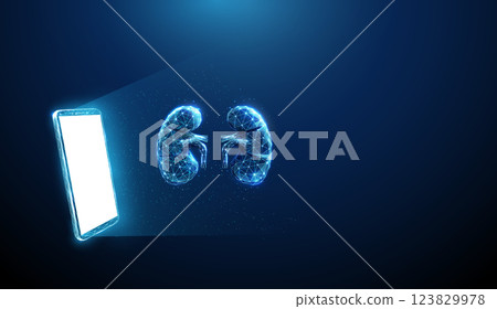 AAbstract blue mobile phone, white screen and bronchial tree Telemedicine, healthcare medical concept Low poly futuristic technology digital style 123829978