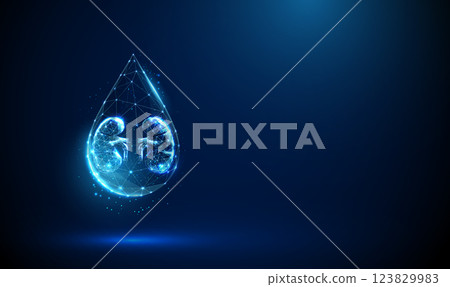 Futuristic digital illustration of human kidneys inside a glowing water droplet made of blue polygonal lines on a dark blue background. 123829983