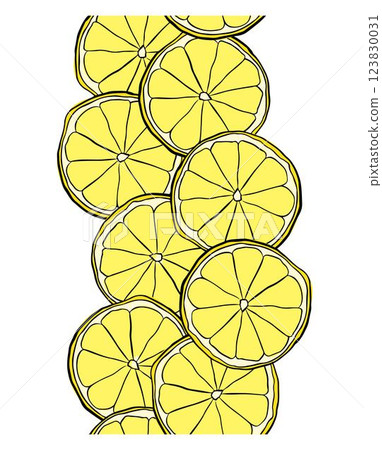 Lemon slices Vector design with graphic line ink hand drawn vertical seamless border. Vintage citrus background in pastel colors Design for menu, package, cosmetic, textile, package. Lemon slices Vector design with graphic line ink hand drawn vertical seamless border. Vintage citrus background in pastel colors Design for menu, package, cosmetic, textile, package. 123830031