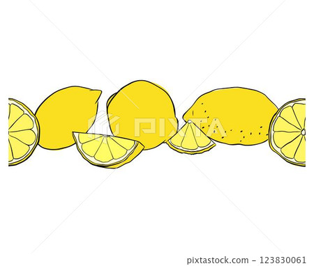 Lemons citric fruits whole and slices seamless horizontal border. Hand drawn vector graphic line ink illustration. Ideal for menu, package, cosmetic, textile, cards 123830061