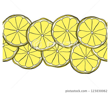 Lemon slices Vector design with graphic line ink hand drawn horizontal seamless border. Design for menu, package, cosmetic, textile, package. 123830062