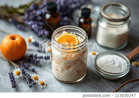 Artisanal Botanical Body Care Scrub Handcrafted Natural Spa Products with Mediterranean Herbs and Citrus Aromatherapy Elements 123830247