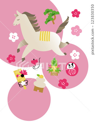 Year of the Horse New Year's card template - Simple horse and New Year's themed items Year of the Horse New Year's card template - Simple horse and New Year's themed items 123830350