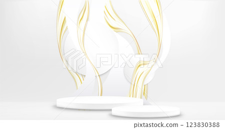 Gold wavy lines over white round steps podium Gold wavy lines over white round steps podium 123830388