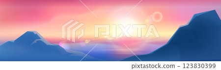 Sunrise landscape with purple mountain peaks. 123830399