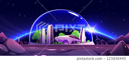 Futuristic mars colony under protective dome 123830445