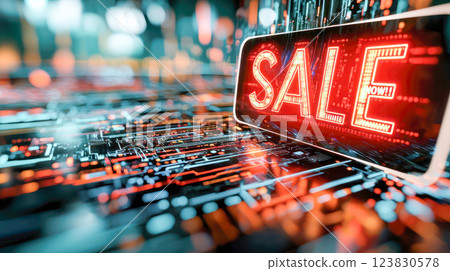 Futuristic neon sale sign glowing in a digital cyber environment with circuit board elements and bokeh lights, creating a modern high-tech shopping concept. 123830578