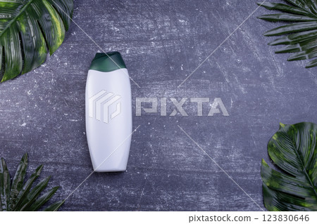 Shower gel bottles on gray background with leaves Shower gel bottles on gray background with leaves 123830646