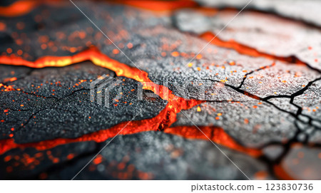 Charred wooden surface with glowing embers and deep cracks, showing the intense heat and destruction caused by fire, creating a dramatic and textured background. 123830736