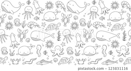 Seamless pattern with sea animals on white background, underwater life, vector outline illustrations. Nautical repeating monochrome design for nursery and kids Seamless pattern with sea animals on white background, underwater life, vector outline illustrations. Nautical repeating monochrome design for nursery and kids 123831116