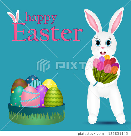 Cute Easter Bunny with Tulips and Colorful Eggs 123831143