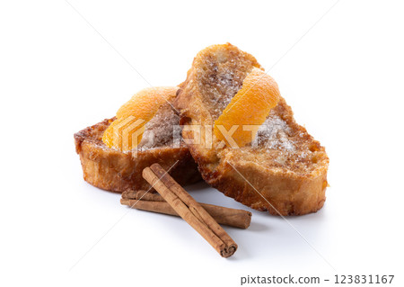 Traditional Spanish torrijas for Holy Week isolated on white background Traditional Spanish torrijas for Holy Week isolated on white background 123831167
