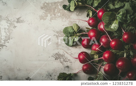 Fresh organic radish with green leaves in rustic wooden bowl on dark textured background, copy space 123831278