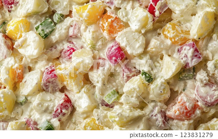 Potato salad texture with colorful vegetables in close-up, top view 123831279