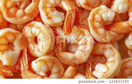 Cooked shrimp texture, seafood background closeup, top view 123831293