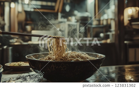 Ramen noodles lifted with chopsticks in restaurant setting, steamy bowl with copy space background 123831302