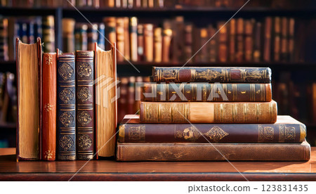 A stack of books on a table with a library background 123831435