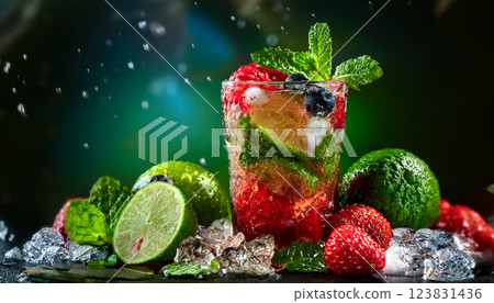 A glass of mixed fruit drink with a lime wedge on the rim 123831436