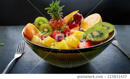 A bowl of fruit with a pineapple on top 123831437