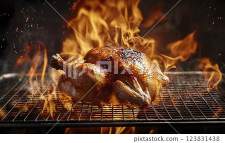 Grilled chicken with flames on barbecue grill, black background 123831438