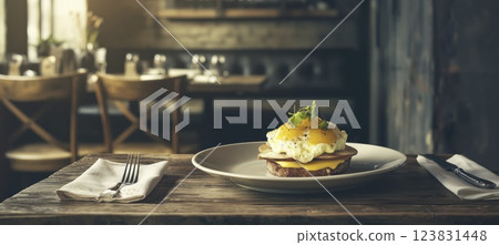 Egg benedict breakfast served on rustic wooden table in cozy restaurant setting, copy space 123831448